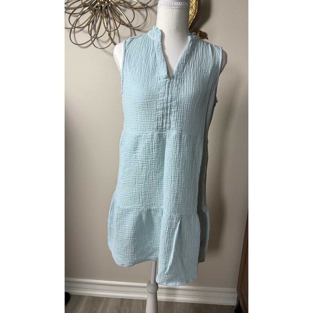 Dear John Gauze Tunic Dress Medium Blue Sleeveless Boho Tiered Cotton‎